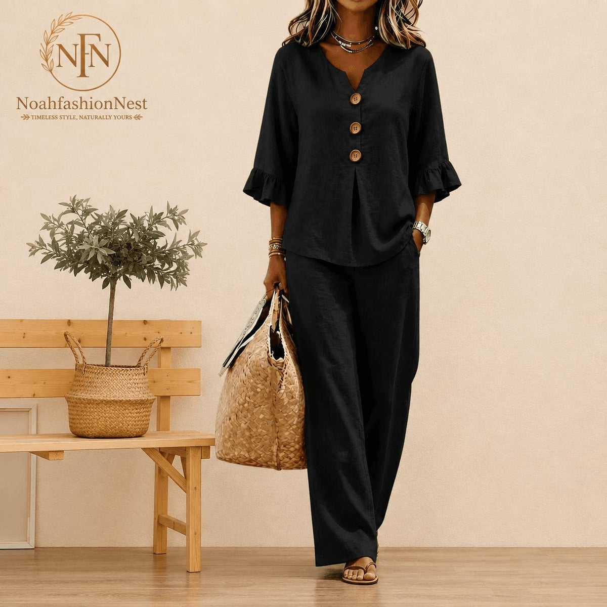 Women's Two Piece Lounge Set V-Neck Top & Wide Leg Pants Outfit