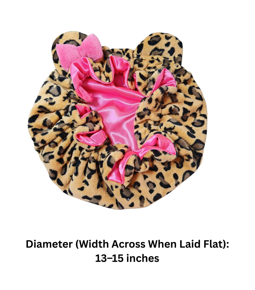 Women's Hooded Sleep Bonnet – Satin Lined Teddy Hair Bonnet with Pink Leopard Print for Curly Hair, Protective Night Cap