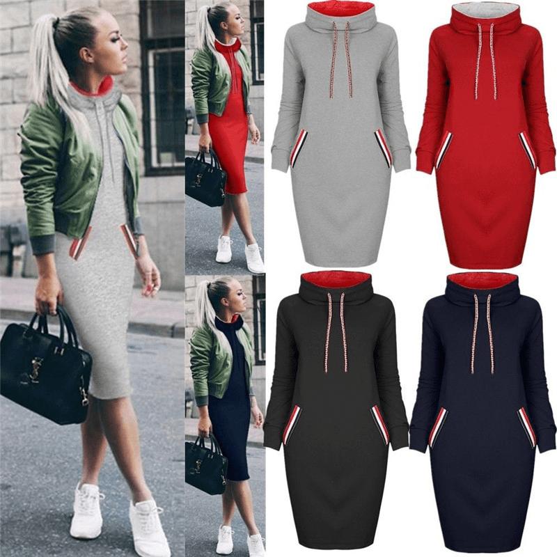 Women's Winter Hooded Dress Long Sleeve Casual Warm Dress