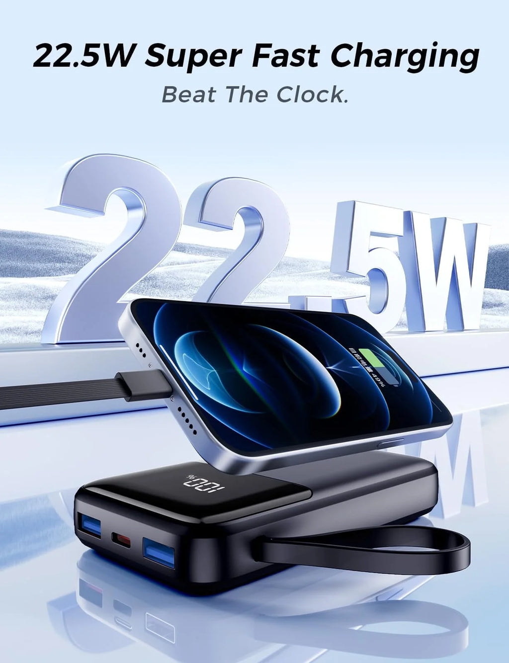 15,000mAh Power Bank 22.5W Fast Charging Built-In Cable LED Display
