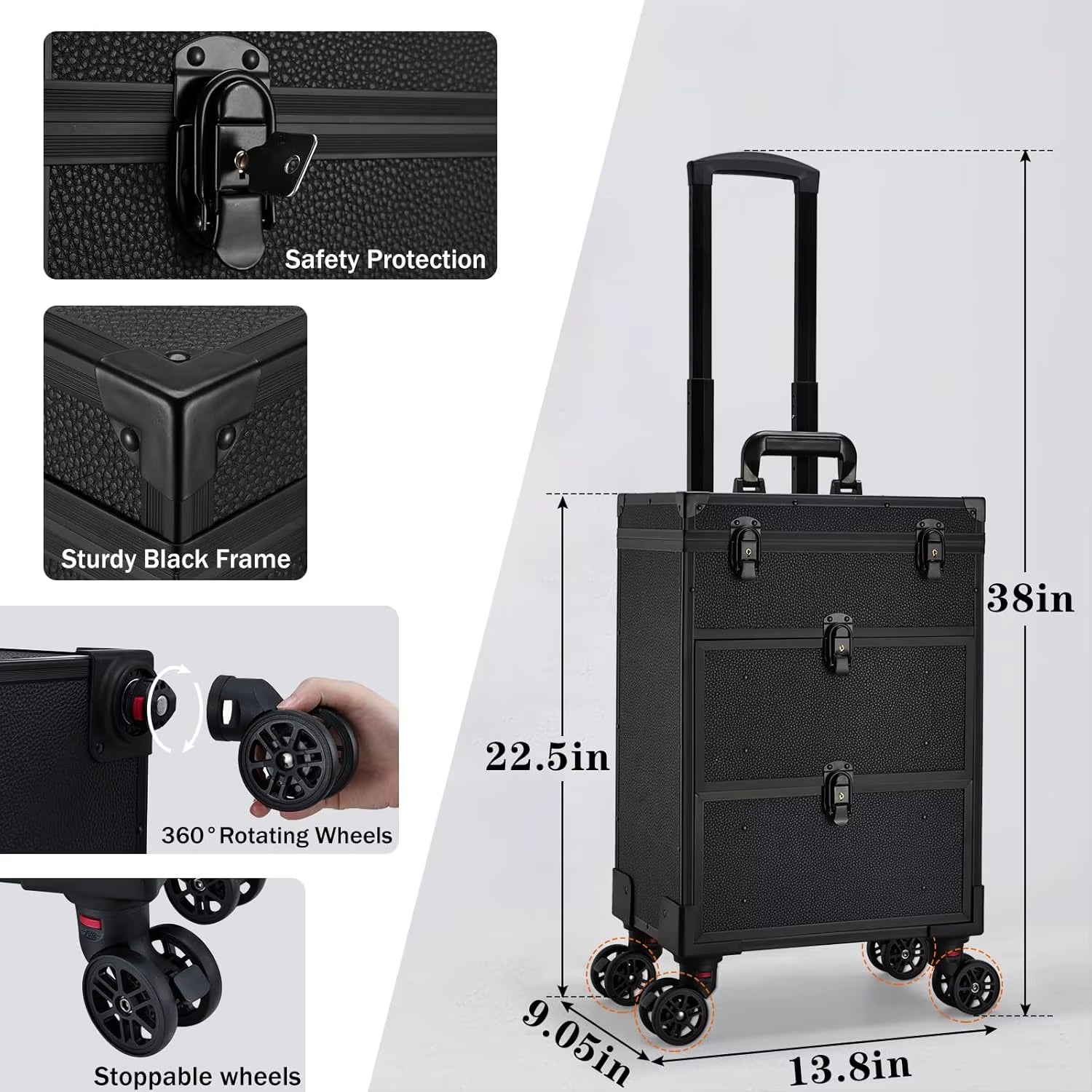 Leather Rolling Makeup Train Case with Wheels Professional Organizer