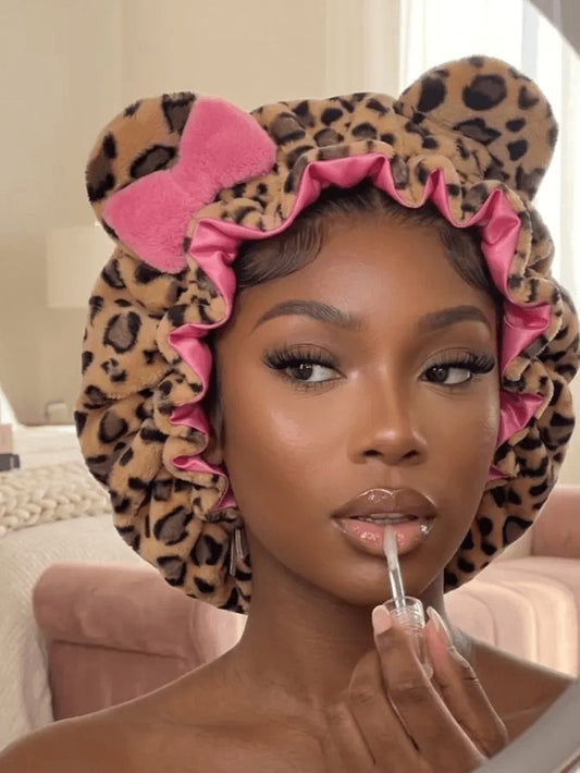 Women's Hooded Sleep Bonnet – Satin Lined Teddy Hair Bonnet with Pink Leopard Print for Curly Hair, Protective Night Cap