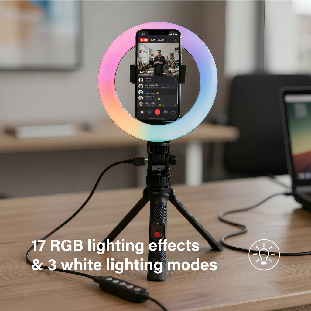 RGB LED Ring Light with Tripod Stand Phone Holder & Remote Control