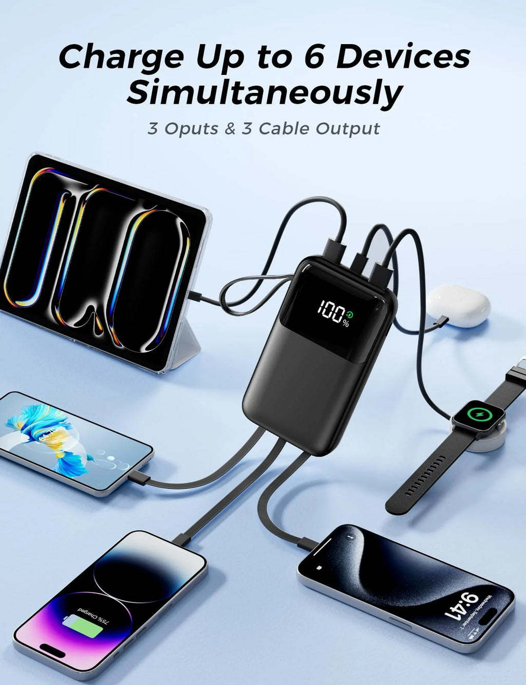 15,000mAh Power Bank 22.5W Fast Charging Built-In Cable LED Display