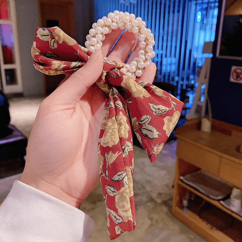Pearl Bow Hair Tie Floral Ribbon Elastic Ponytail Hair Accessories