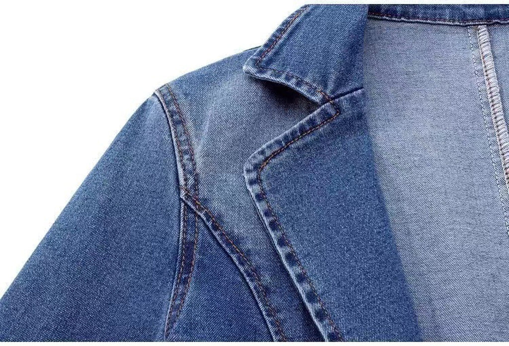 Denim Jacket Women'S Slim Fit Suit Collar Solid Color Outerwear One Button Top